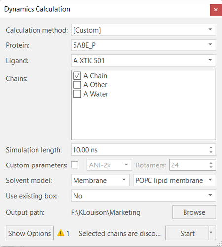 Dialog box for MD calculations in Flare