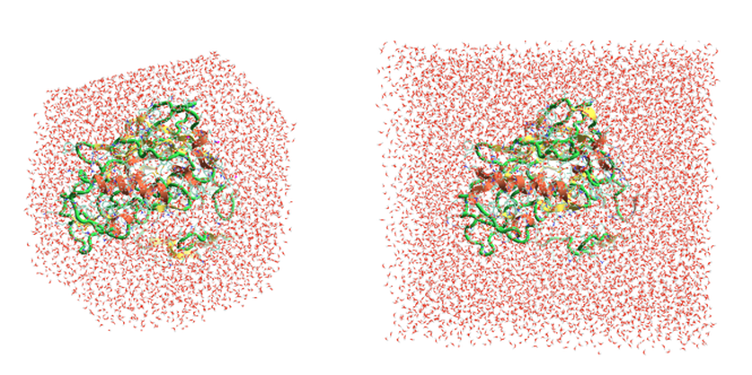 Figure 3. New truncated octahedral water box in Flare V5 reduces the number of atoms included in the MD simulations