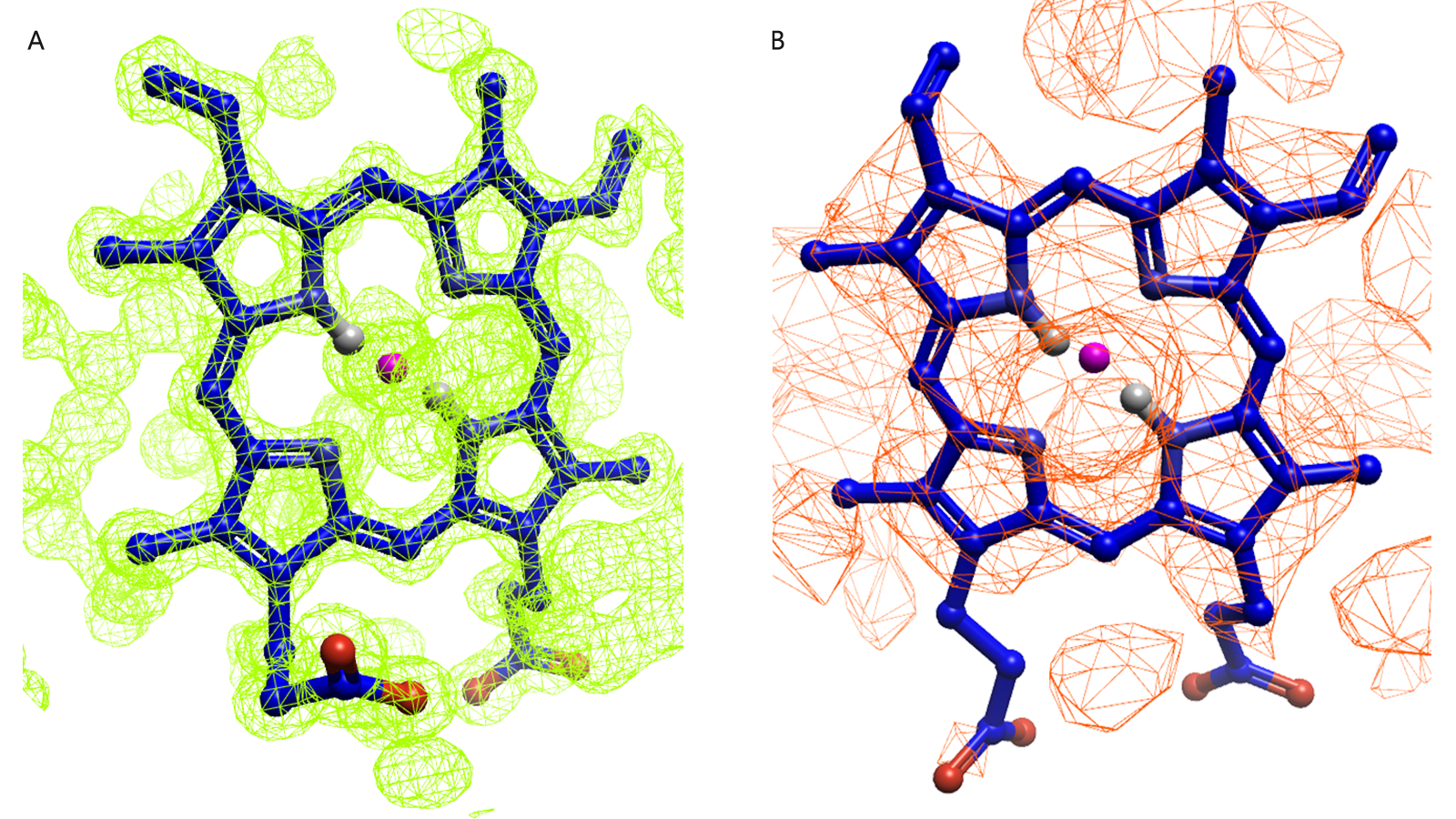 Figure 1. Example of protein structures with good (green surface) and poor (red surface) electron density maps for the same target