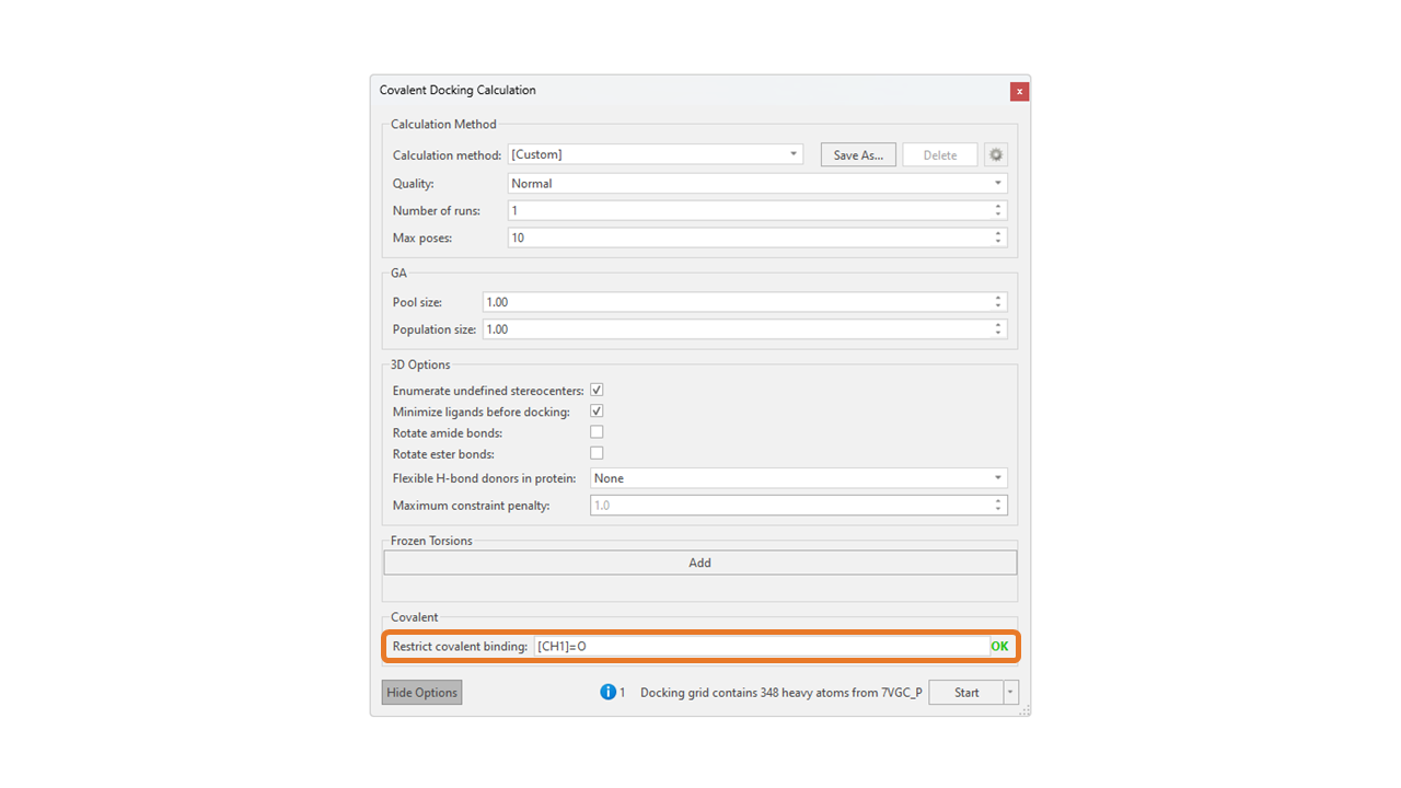 Advanced covalent docking options window