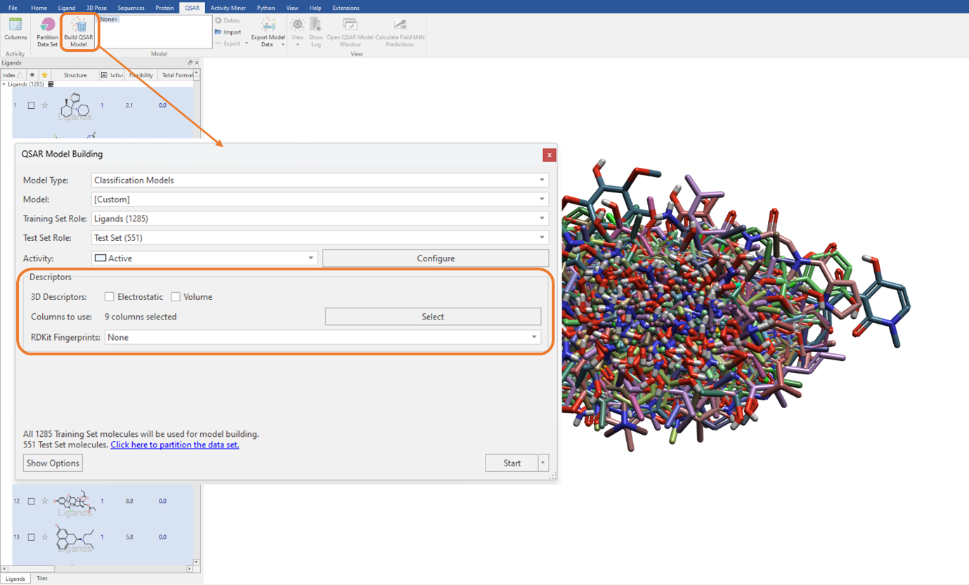 Building the SVM classification model using a combination of Flare generated and imported RDKit descriptors