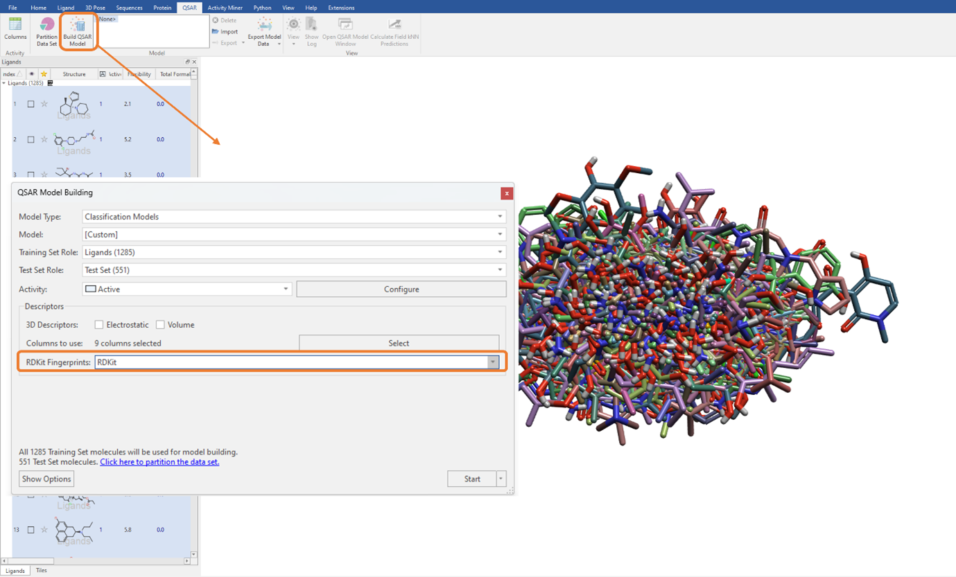 Using RDKit fingerprints to build the classification QSAR model in Flare